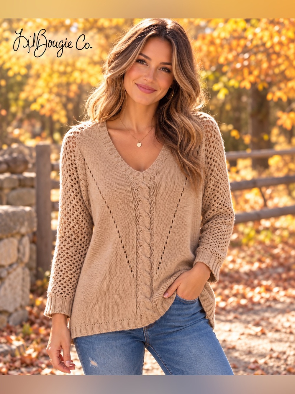 Cato Women's V-Neck Cable Knit Sweater - Taupe Size Large